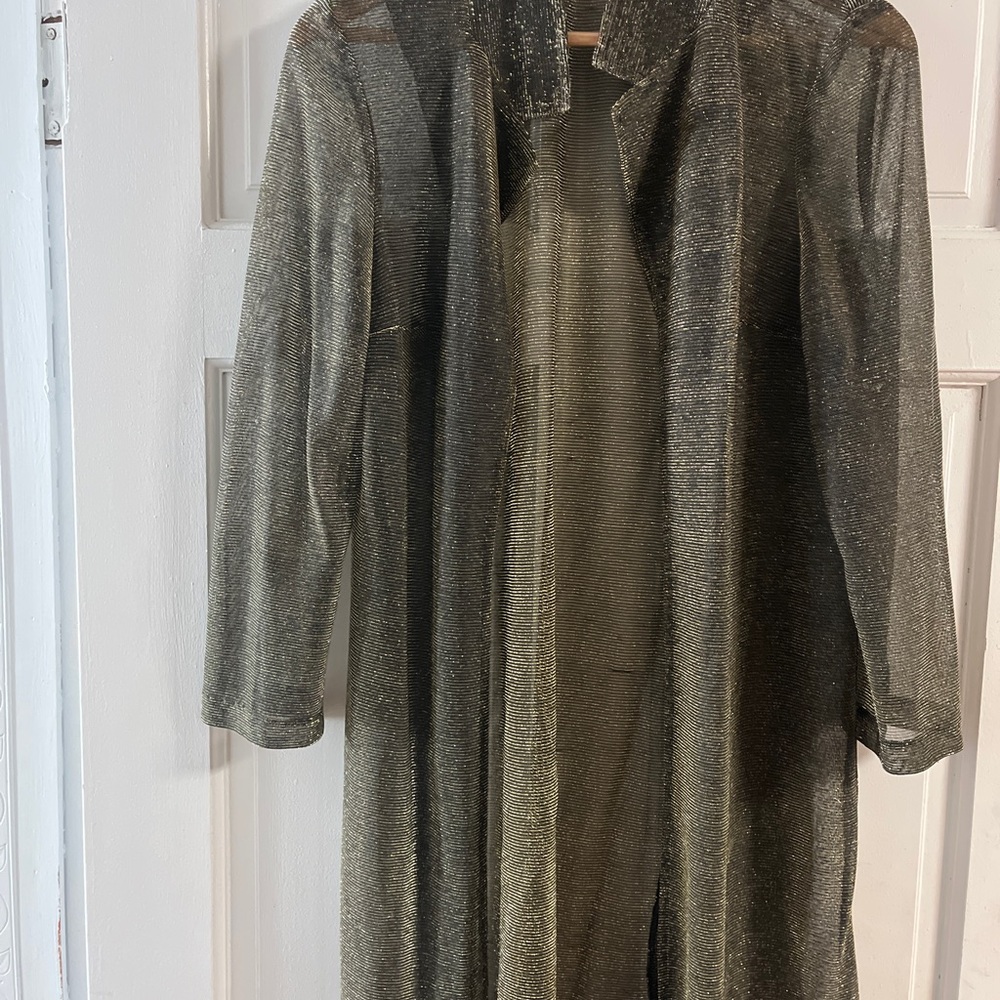 Mesh Sparkly See Through Cover Up Long Jacket Medium Metallic Sheer Coat